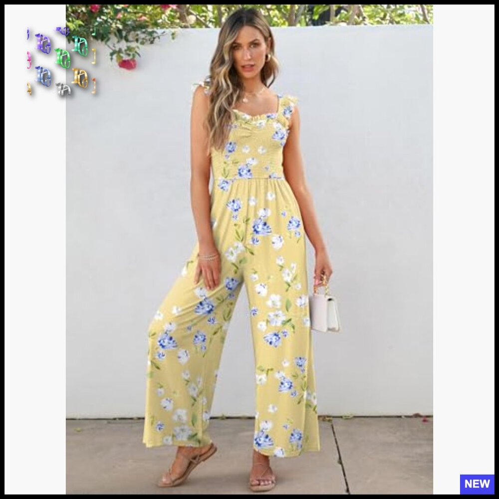 Sleeveless Smocked Jumpsuit Wide Leg Romper Casual Summer Vacation Outfit with - Picture 6 of 7